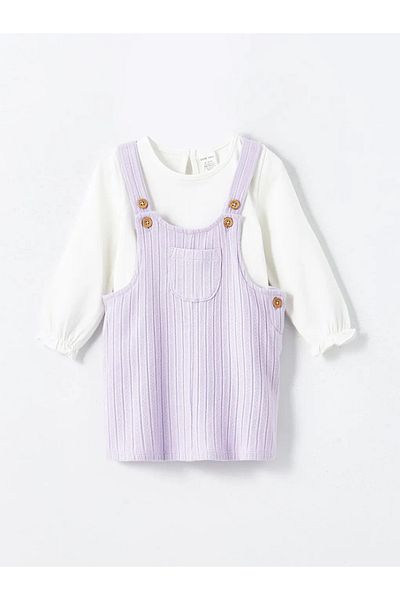 LC Waikiki Lcw Baby Ecru Combed Cotton Baby Girl Salopet and T-Shirt 2 Pcs