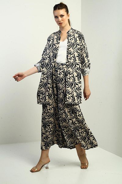 By Saygı Women's Side Slit Tunic Shirt Elastic Waist Pocket Palazzo Pants Flower Pattern Oversize 2-Piece