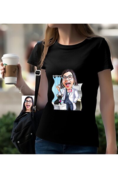 Bk Gift Kişiye Özel Veteriner Hekim Karikatürlü Siyah T-Shirt