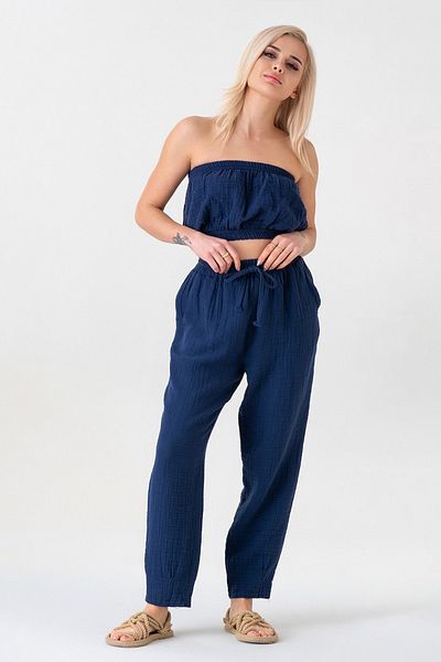 Fashion Showcase 100% Cotton Women's Trousers with Elastic Waist and Ties at the Ankle - Navy Blue