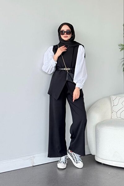 The Moda Set dublu cu vestă neagră cu curea și pantaloni