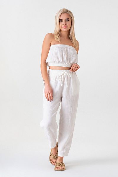 Fashion Showcase 100% Cotton Women's Trousers with Elastic Waist and Ties at the Ankle - White