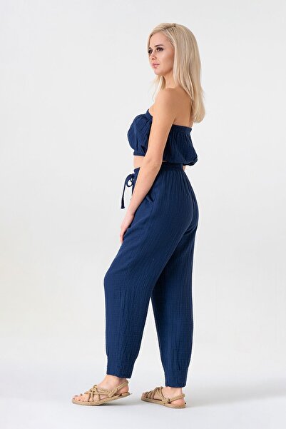 Fashion Showcase 100% Cotton Women's Trousers with Elastic Waist and Ties at the Ankle - Navy Blue