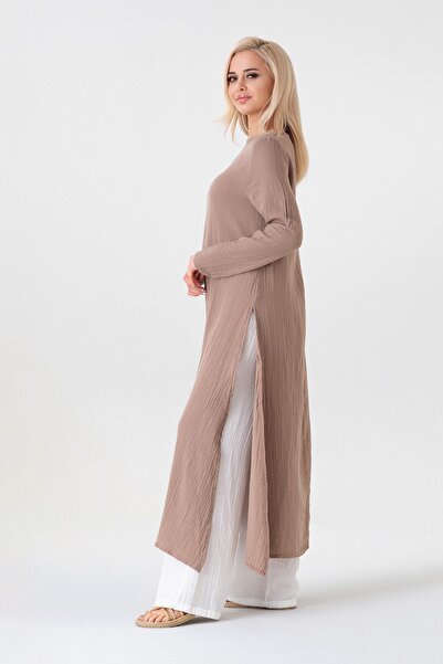Fashion Showcase Muslin Fabric 100% Cotton Hijab Tunic with Side Slits - Mink