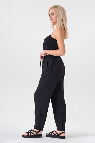 Fashion Showcase 100% Cotton Women's Trousers with Elastic Waist and Ties at the Ankle - Black