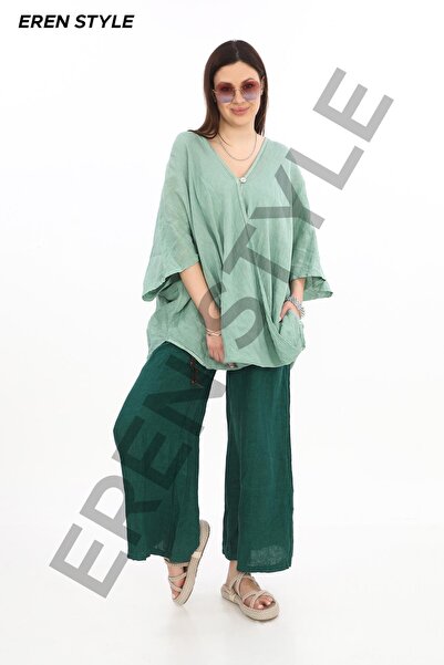 EREN STYLE Богемна блуза з одним ґудзиком з льону