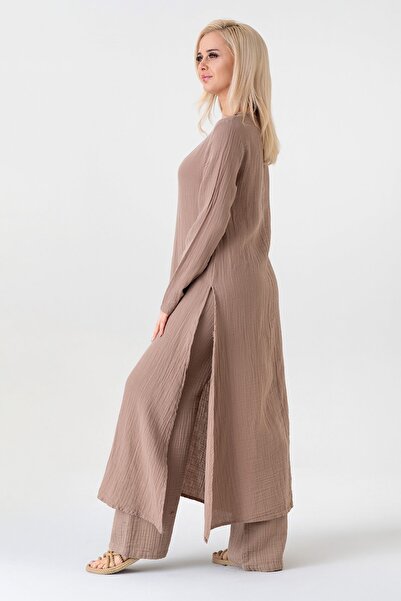 Fashion Showcase Muslin Fabric 100% Cotton Hijab Tunic with Side Slits - Mink