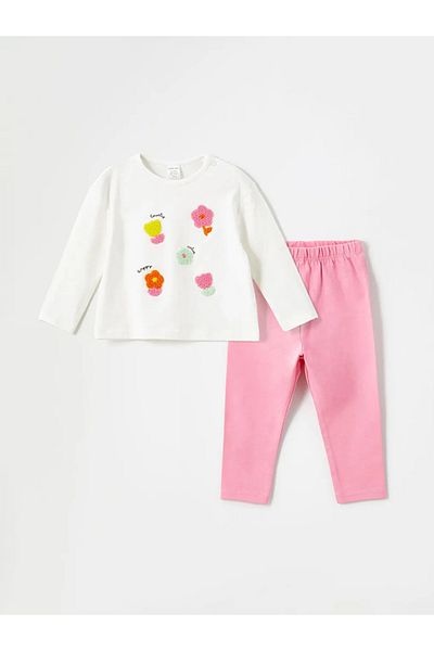 LC Waikiki Lcw Baby Ecru Girls Floral Print Blouse and Leggings - Crew Neck Set of 2