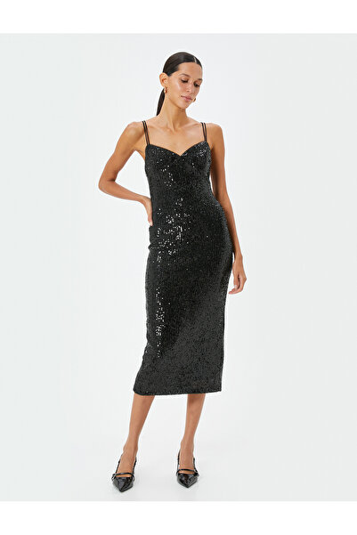 Koton Pullu Payetli Slip Abiye Elbise Midi Askılı Kalp Yaka Yırtmaç Detaylı