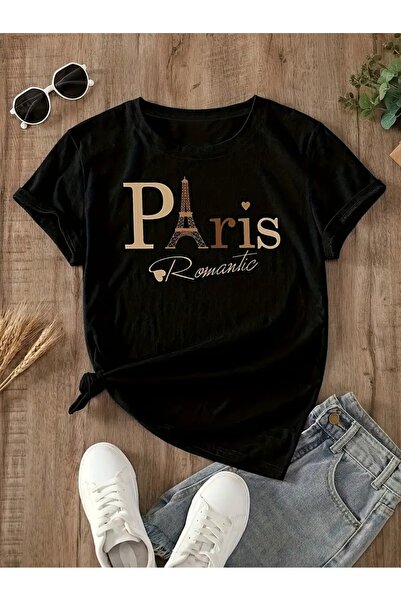 LAND MODA المرأة قصيرة الأكمام جولة الرقبة، أزياء الصيف أعلى "باريس" المطبوعة