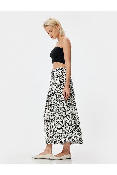 Koton Ethnic Patterned Midi Length Viscose Skirt - Slit Detail