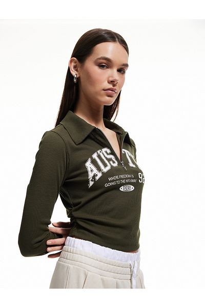 Koton Tricou cu gât polo slim fit cu imprimeu pentru colegiu de sezon nou