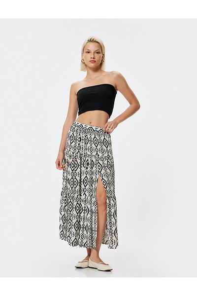 Koton Ethnic Patterned Midi Length Viscose Skirt - Slit Detail