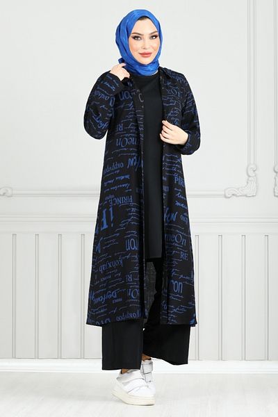 ModaMerve Combinație de hijab triplu cu model - 4012BGS895-M Indigo și negru