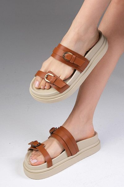 Mio Gusto Marlis Genuine Leather Tan Color Paltform Sole Women's Slippers