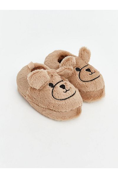 LC Waikiki LCW STEPS Μπεζ βελούδινες παντόφλες για αγόρι με φιγούρα αρκουδάκι