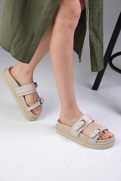 Mio Gusto Marlis Genuine Leather Beige Color Platform Sole Women's Slippers