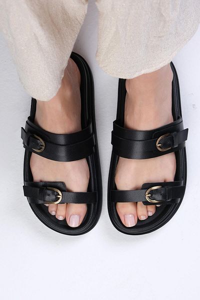 Mio Gusto Marlis Genuine Leather Black Color Platform Sole Women's Slippers
