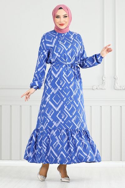 ModaMerve Φόρεμα με μοτίβο με ζώνη βισκόζης - 821OZR1047-M Indigo