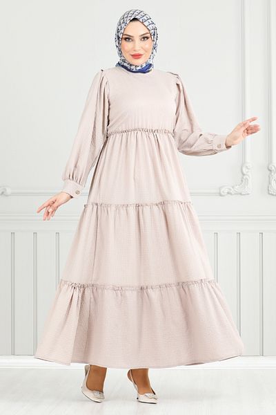 ModaMerve Skirt Layered Seersucker Dress 3033Tbo1101-M Stone