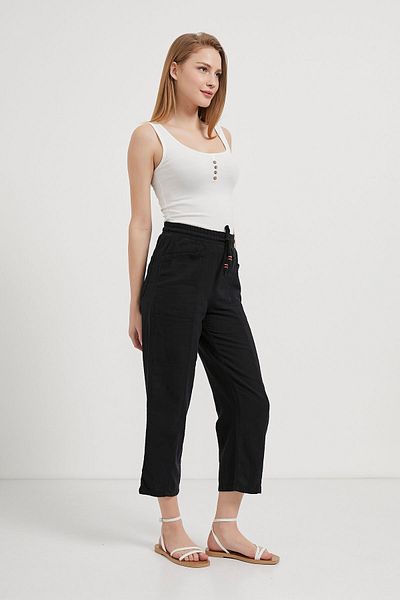 Arma Life Women's Elastic Waist Wide Leg Black Trousers with Pockets