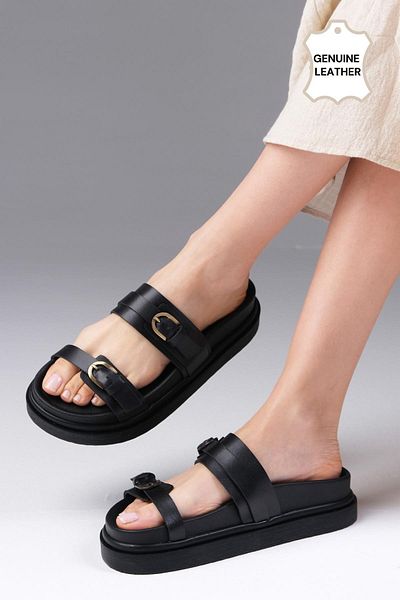Mio Gusto Marlis Genuine Leather Black Color Platform Sole Women's Slippers