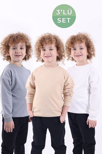 Lovexi Set de 3 hanorace de bază oversize sezoniere (GRI ALB BEJ)
