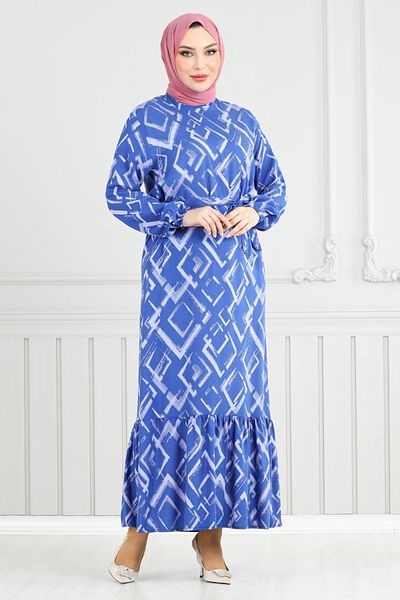 ModaMerve Φόρεμα με μοτίβο με ζώνη βισκόζης - 821OZR1047-M Indigo