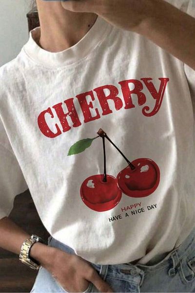 EFBUTİK White Unisex Happy Cherry T-Shirt
