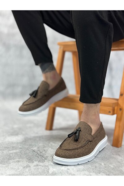 TUGERDİ Tugerdi Brown Linen Laceless Light High Sole Classic Tassel Men's Shoes Tge 230155