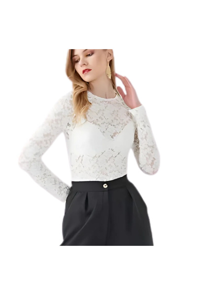 Lonca Tekstil Women's White Lace Long Sleeve Bodysuit
