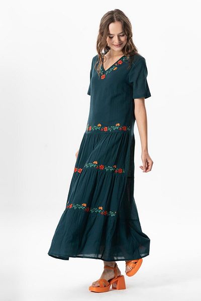 Eliş Şile Bezi Short Sleeve Spring Long Sleeve Summer Dress with V-Neck Embroidery Petrol Ptrl