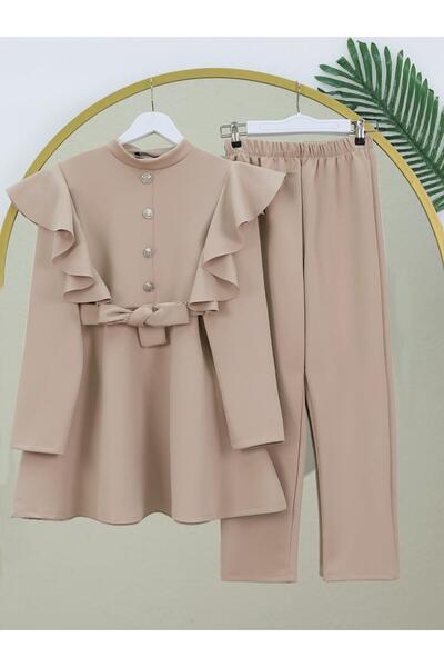 MACMODA Button Detailed Stand Collar Ruffled Shoulder Scuba Suit