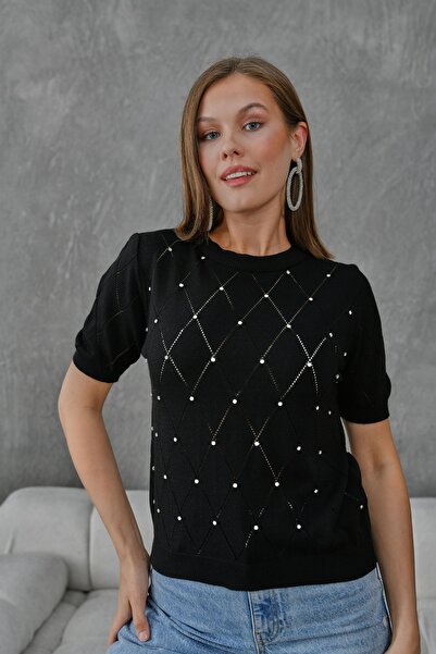 Arbucky Women's Crew Neck Argyle Patterned Stone Knitwear Blouse
