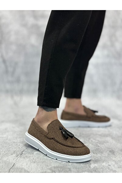 TUGERDİ Tugerdi Brown Linen Laceless Light High Sole Classic Tassel Men's Shoes Tge 230155