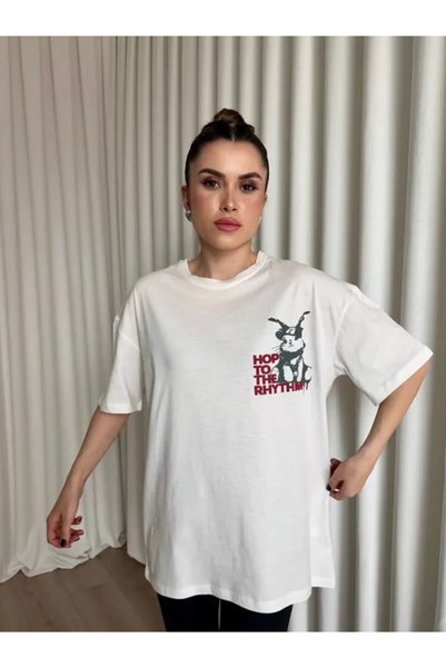 Nivora Style Rabbit Printed Oversize T-Shirt White Color
