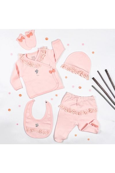 İmaj Baby Girl Butterfly Butterfly Guipure Lace and Bow 5-Piece Bodysuit Set1005068
