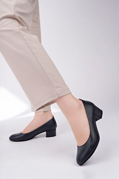 Deripabuc Genuine Leather Navy Blue Women's Heeled Leather Shoes Shn-0105