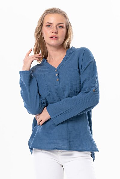 Eliş Şile Bezi Uzun Kol Asu Yazlık Müslin Bluz İndigo indg