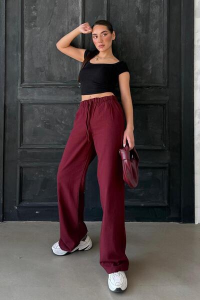 Madmext Bordo Beli Büzgülü Wide Leg Kumaş Pantolon MG1950