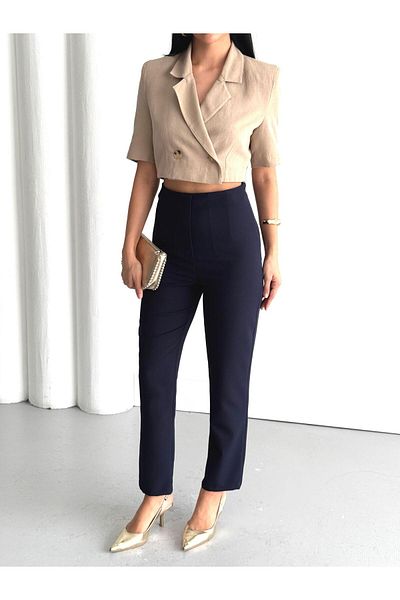 Appleline Women's High Waist Pipe Leg Ankle Length Fabric Trousers Dark Blue