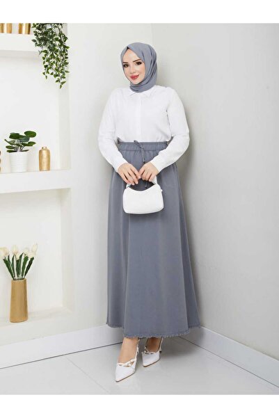 KMKkombin Slim Denim Linen Fabric Long Skirt