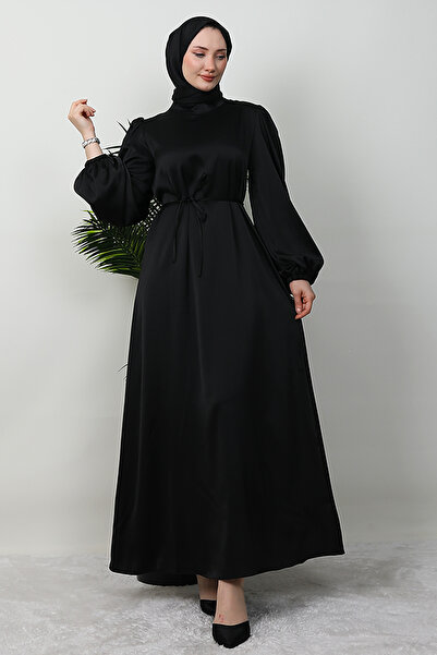 Giza Giyim Σατέν Φόρεμα με Λεπτή Ζώνη Μαύρο