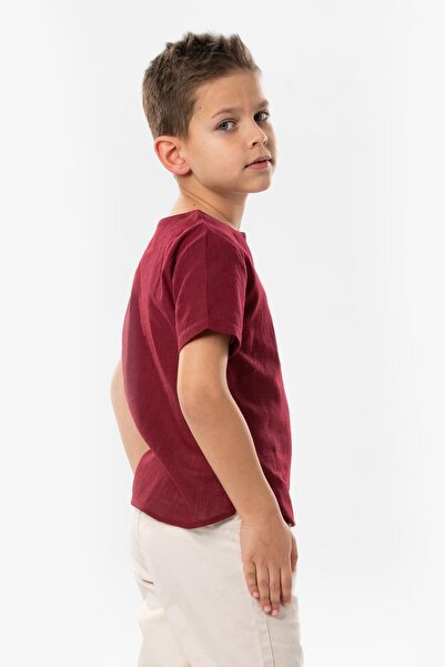 Eliş Şile Bezi Short Sleeve Şile Cloth Crew Neck Summer Boy T-Shirt Dark Claret Red 3068