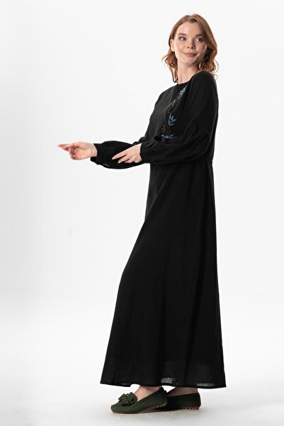 Eliş Şile Bezi Μακρυμάνικο ύφασμα Şile, Rose Rose Crew Neck, Κεντημένο μακρύ καλοκαιρινό φόρεμα