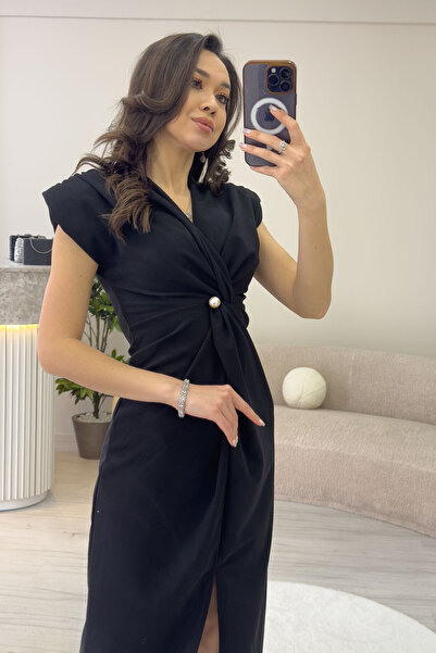 the ZKS Kadın Kruvaze Yaka İnci Detay Büzgülü Midi Boy Elbise Kırmızı, Siyah