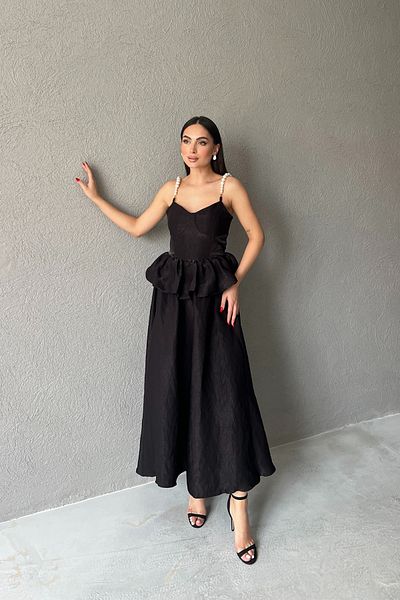 Seda Yalçın Atelier Black Waist Drawstring Detailed Stylish Dress with Pearl Straps