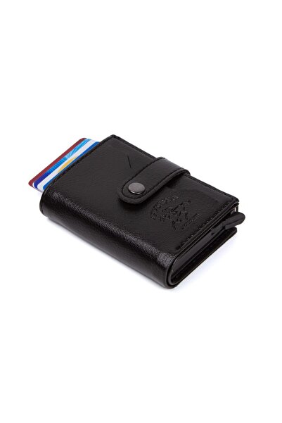 Newish Polo Leather Rfid Protective Aluminum Automatic Mechanism Card Holder and Wallet - Black