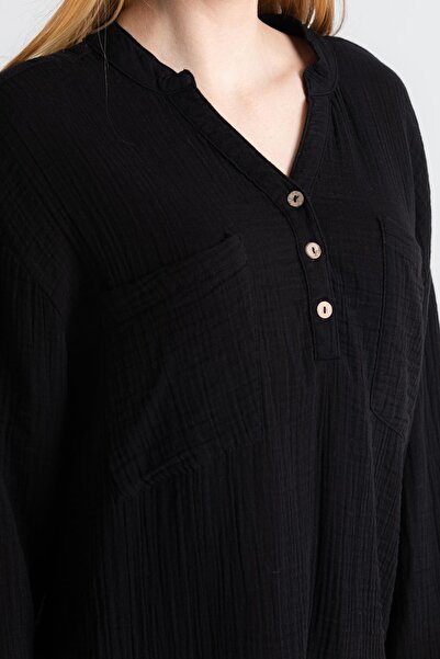 Eliş Şile Bezi Uzun Kol Asu Yazlık Müslin Bluz Siyah Syh