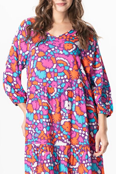 Eliş Şile Bezi Yarım Kol Viskon Esin V Yaka Midi Boy Yazlık Elbise Soyut Mor Syt mor